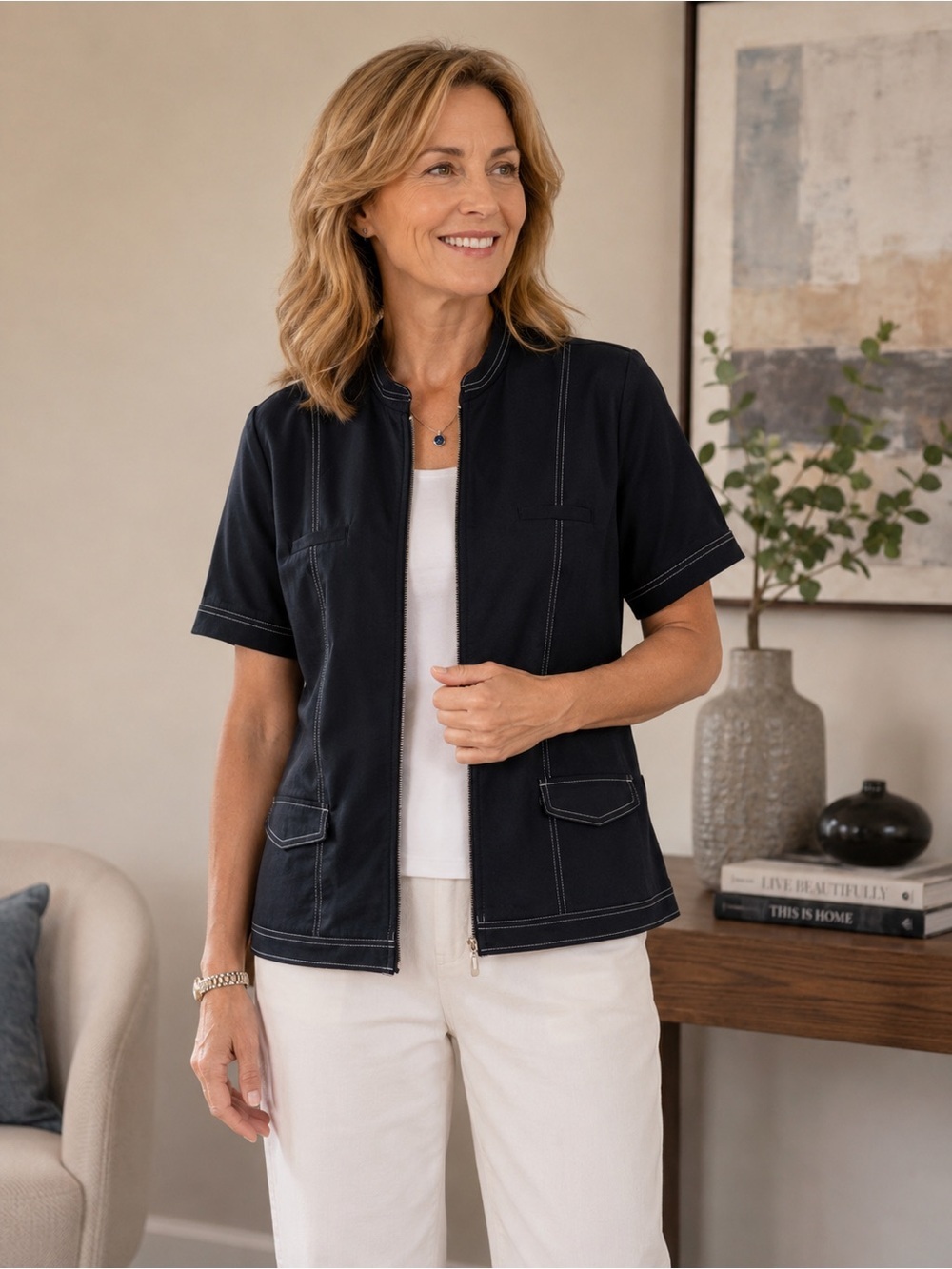 TanJay Navy Short Sleeve Zip Jacket Women’s Size 14 Lightweight Layering Top